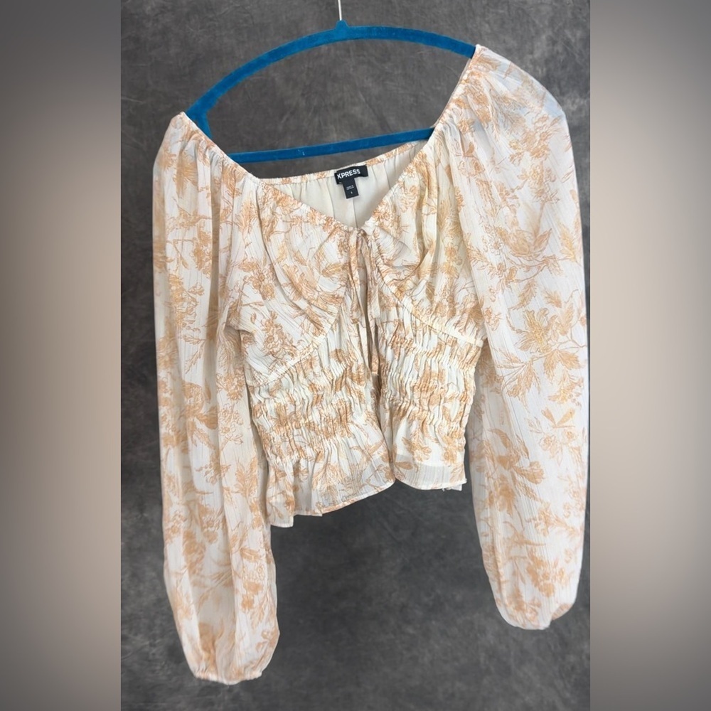 Express Sheer Floral Ruched Blouse / Ivory Gold / S